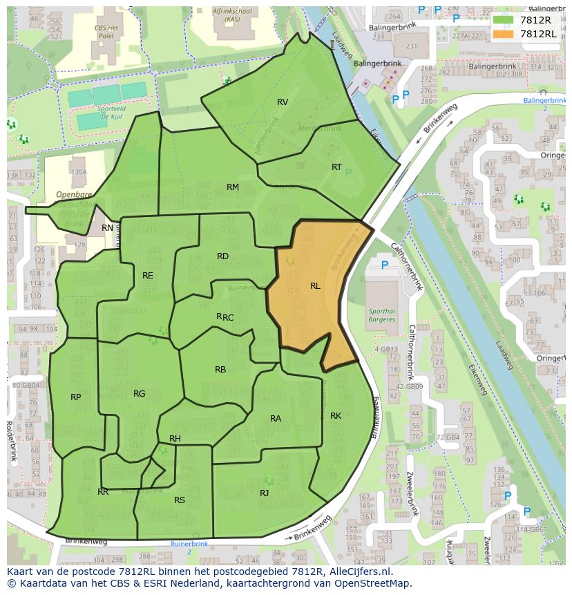 Afbeelding van het postcodegebied 7812 RL op de kaart.