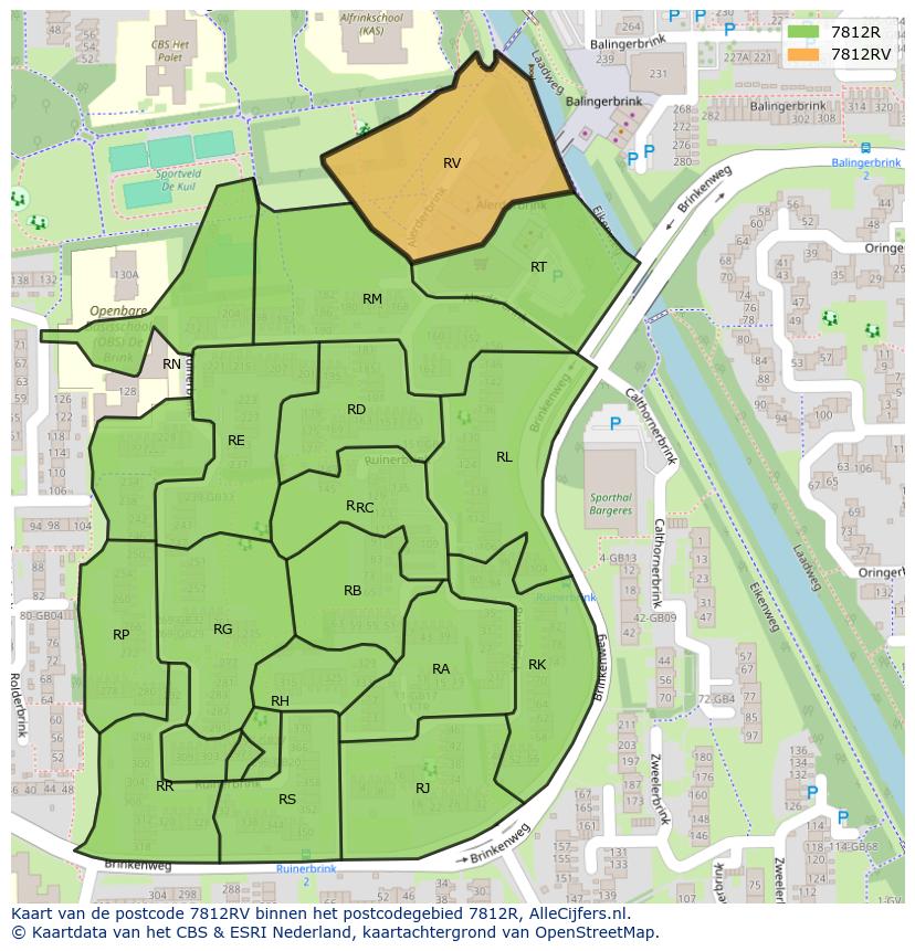 Afbeelding van het postcodegebied 7812 RV op de kaart.
