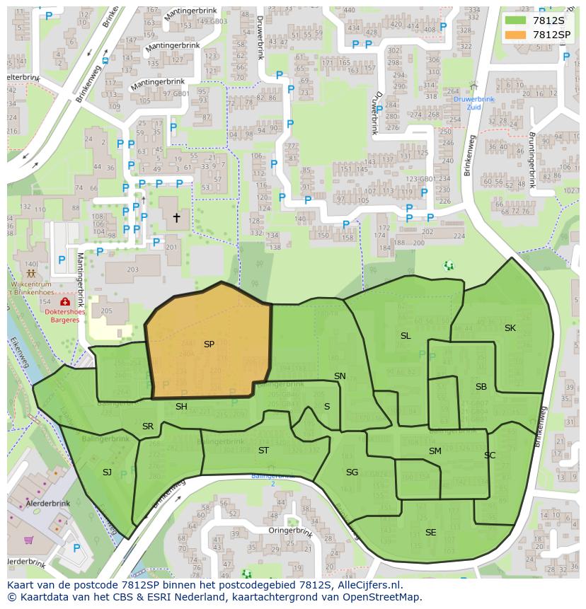 Afbeelding van het postcodegebied 7812 SP op de kaart.