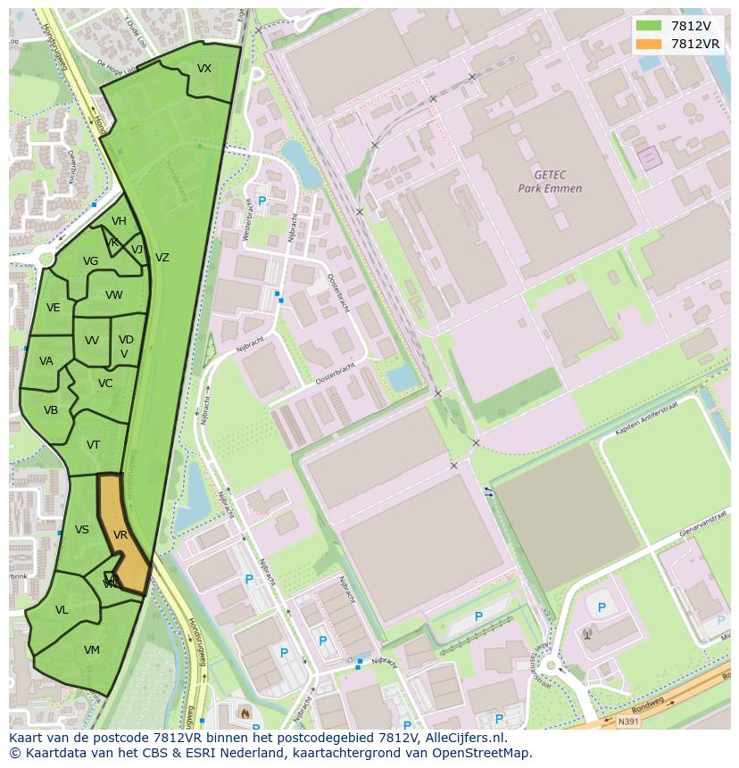 Afbeelding van het postcodegebied 7812 VR op de kaart.