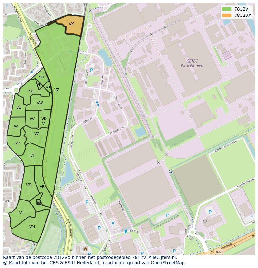 Afbeelding van het postcodegebied 7812 VX op de kaart.