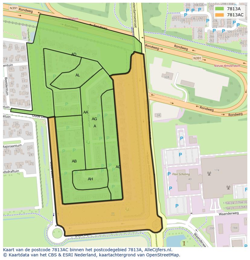 Afbeelding van het postcodegebied 7813 AC op de kaart.