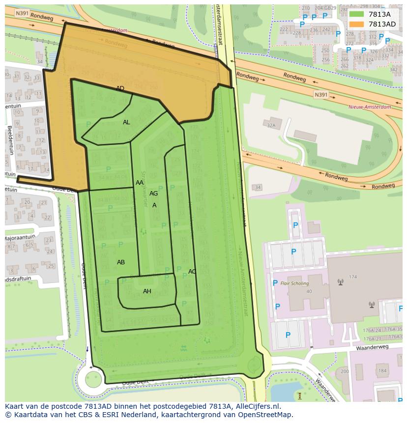 Afbeelding van het postcodegebied 7813 AD op de kaart.