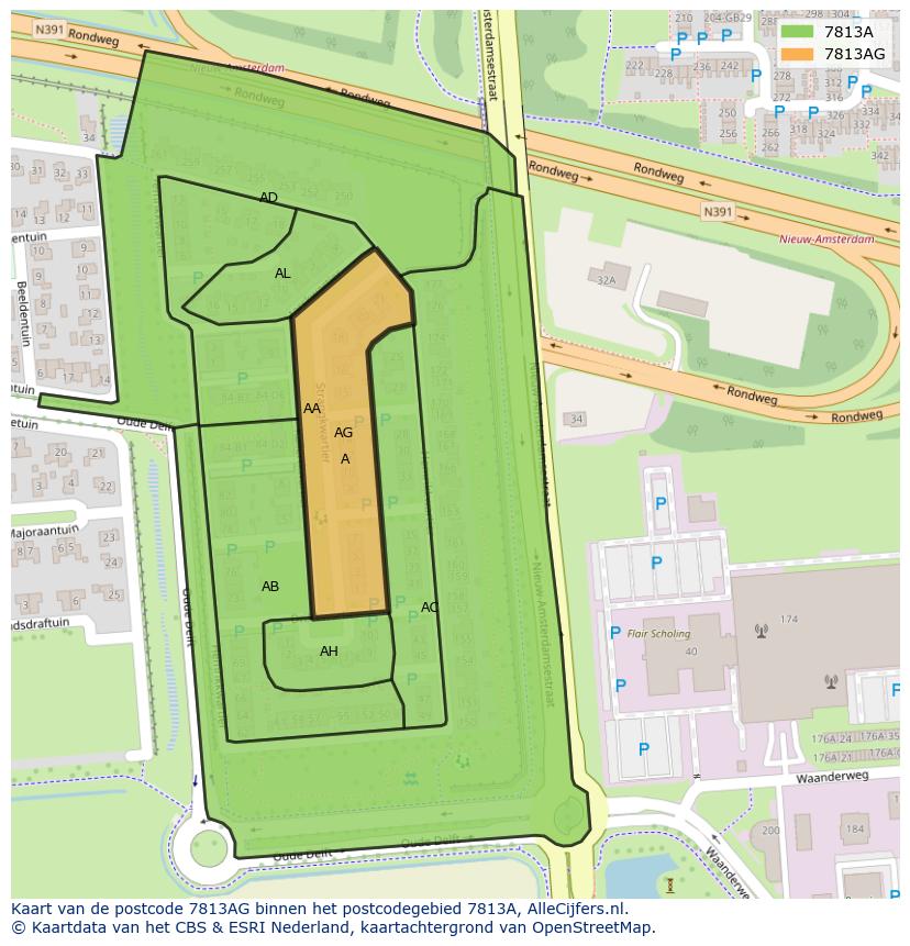 Afbeelding van het postcodegebied 7813 AG op de kaart.
