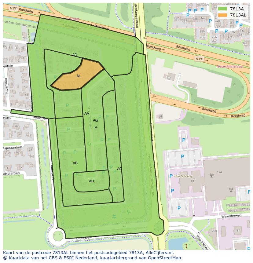 Afbeelding van het postcodegebied 7813 AL op de kaart.