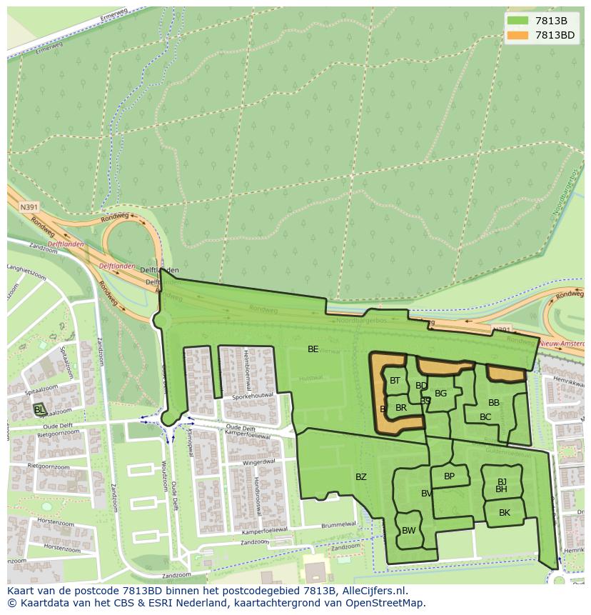 Afbeelding van het postcodegebied 7813 BD op de kaart.