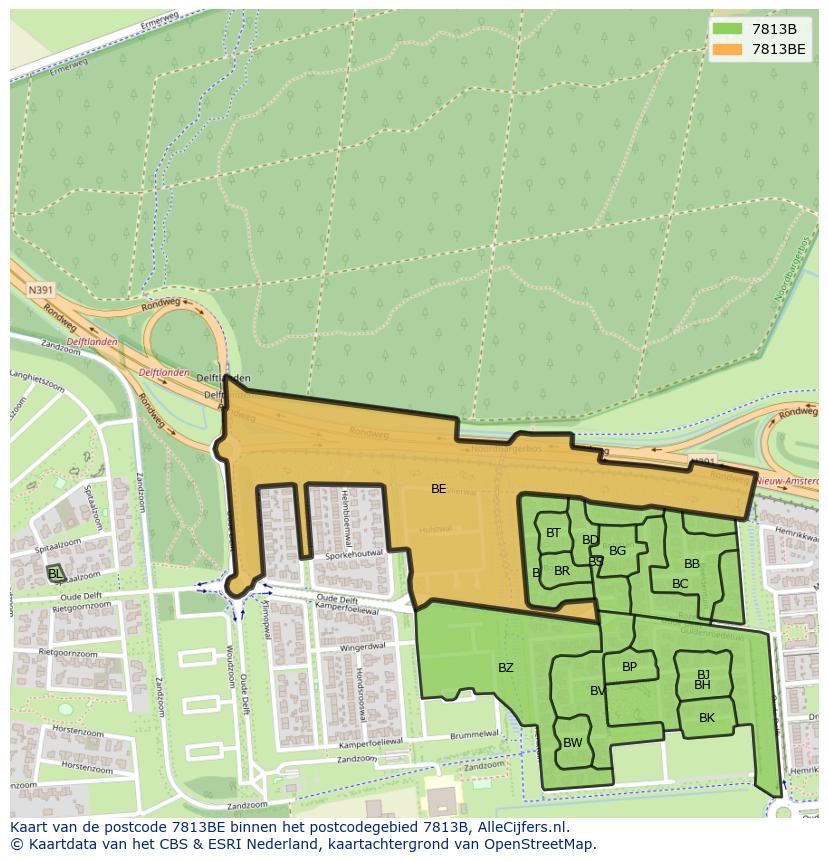 Afbeelding van het postcodegebied 7813 BE op de kaart.