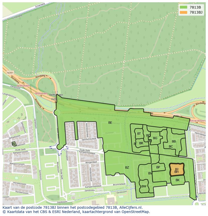 Afbeelding van het postcodegebied 7813 BJ op de kaart.