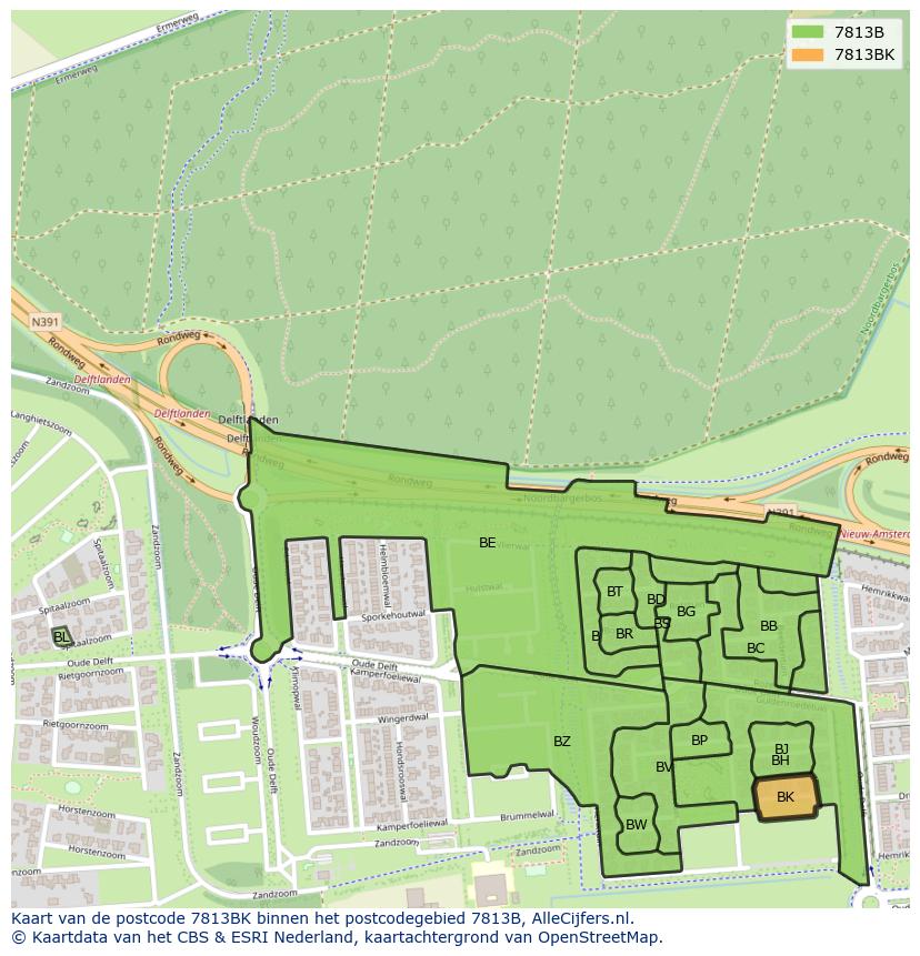 Afbeelding van het postcodegebied 7813 BK op de kaart.