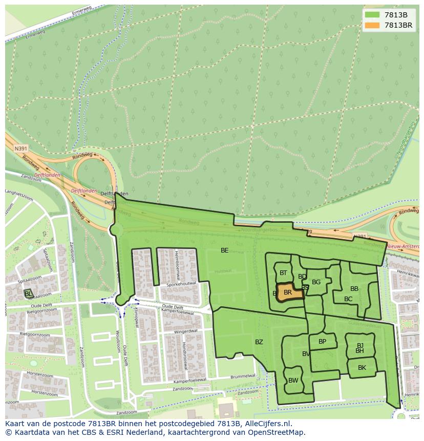 Afbeelding van het postcodegebied 7813 BR op de kaart.