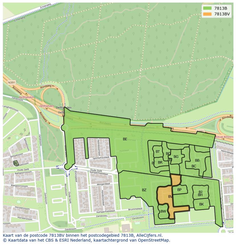 Afbeelding van het postcodegebied 7813 BV op de kaart.