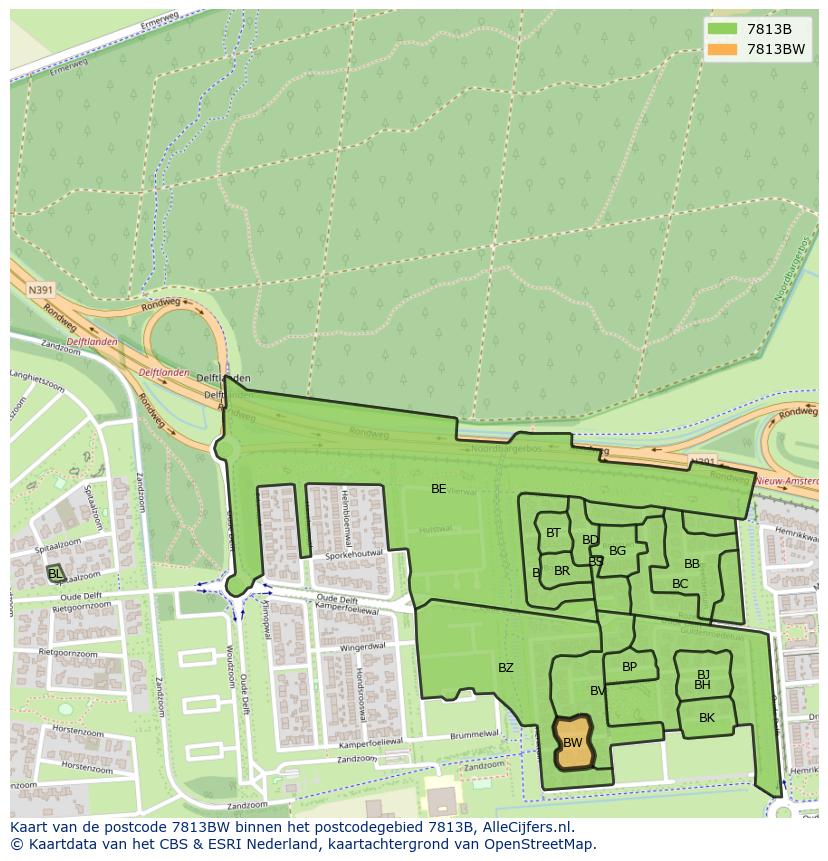 Afbeelding van het postcodegebied 7813 BW op de kaart.