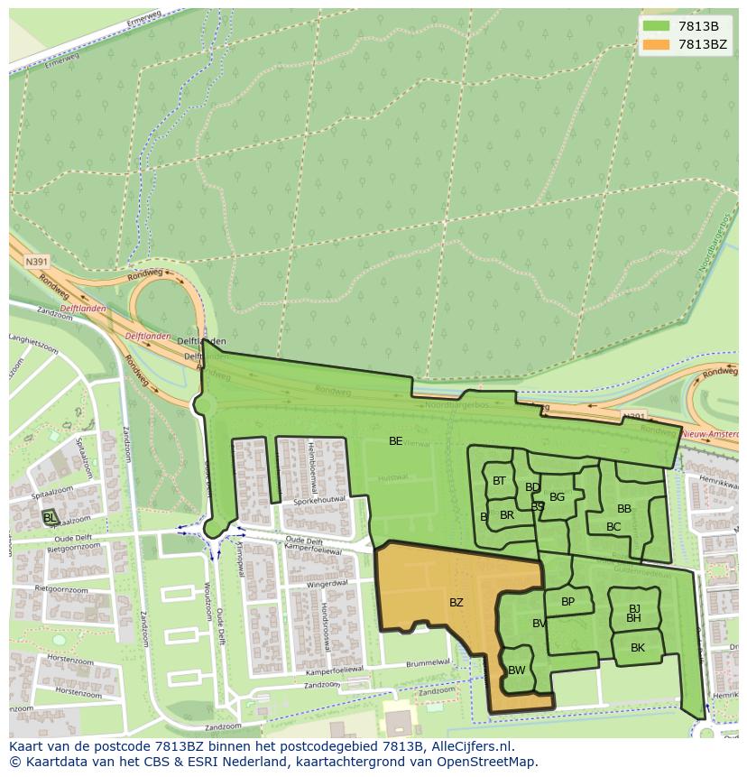 Afbeelding van het postcodegebied 7813 BZ op de kaart.