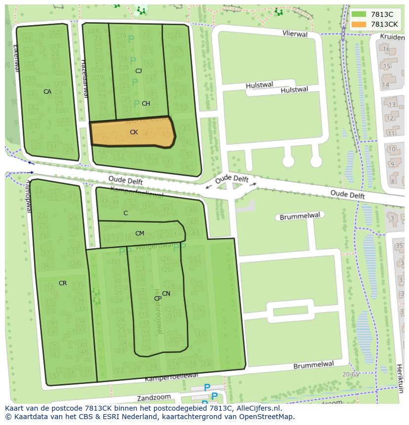 Afbeelding van het postcodegebied 7813 CK op de kaart.