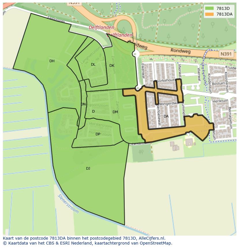 Afbeelding van het postcodegebied 7813 DA op de kaart.