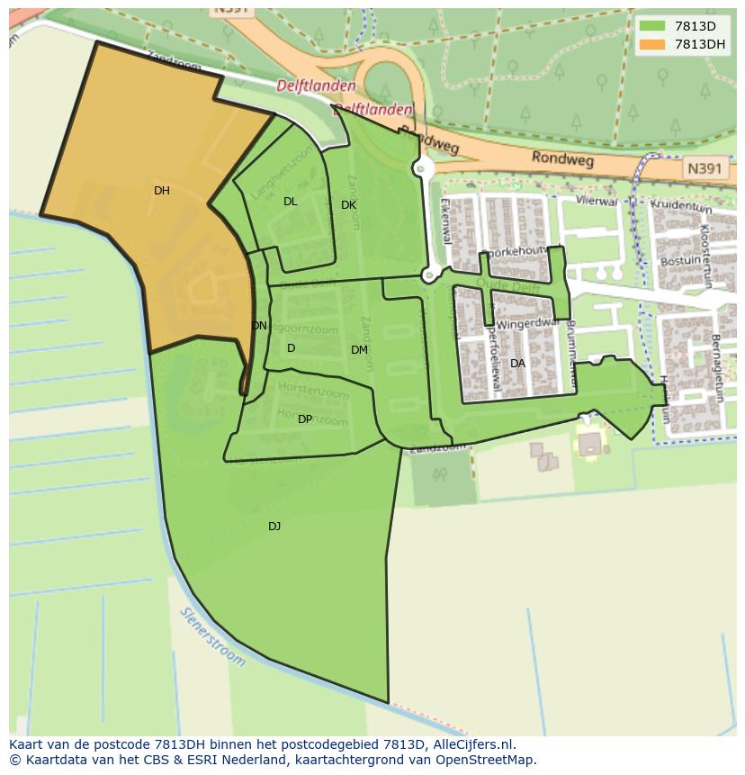 Afbeelding van het postcodegebied 7813 DH op de kaart.