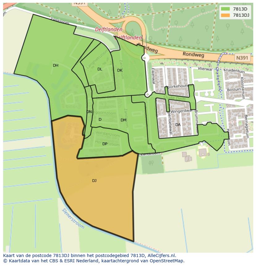 Afbeelding van het postcodegebied 7813 DJ op de kaart.