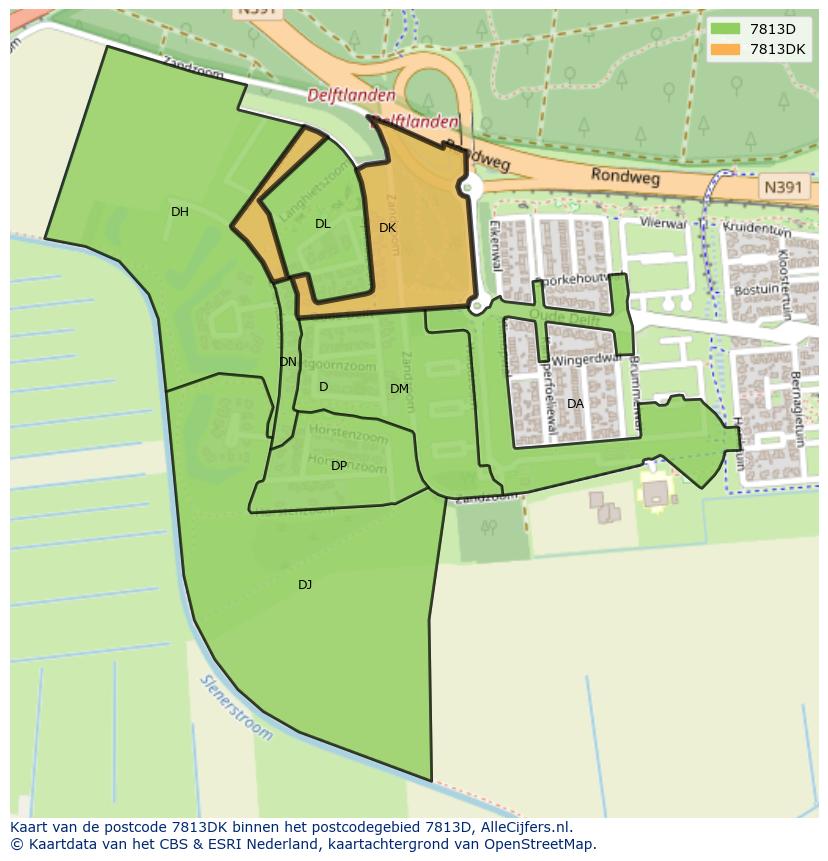 Afbeelding van het postcodegebied 7813 DK op de kaart.