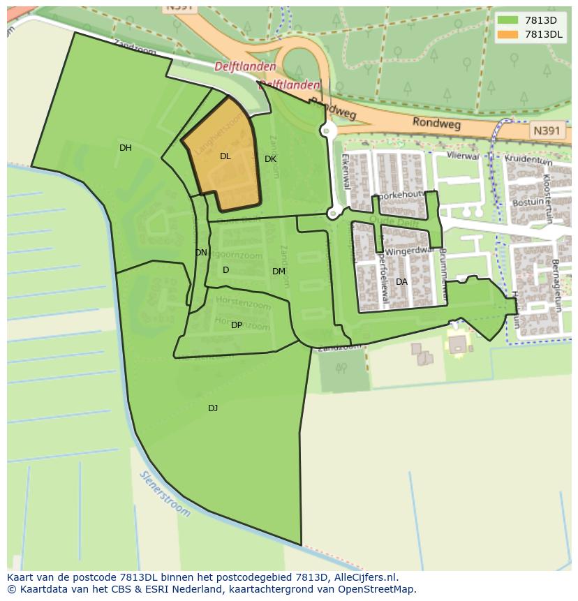 Afbeelding van het postcodegebied 7813 DL op de kaart.
