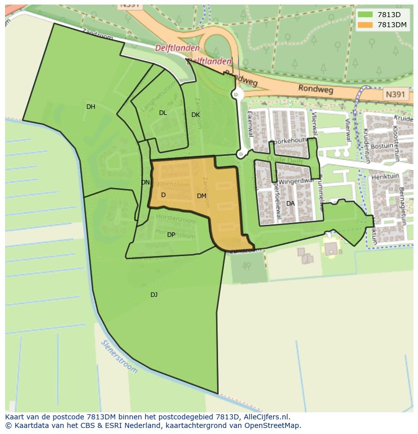 Afbeelding van het postcodegebied 7813 DM op de kaart.