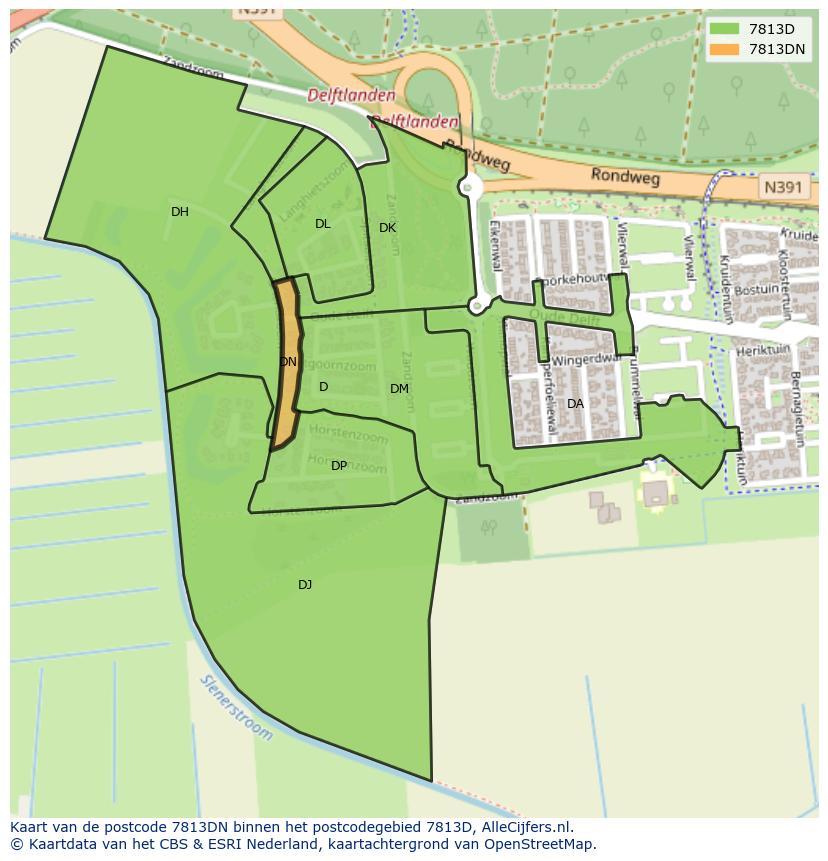 Afbeelding van het postcodegebied 7813 DN op de kaart.