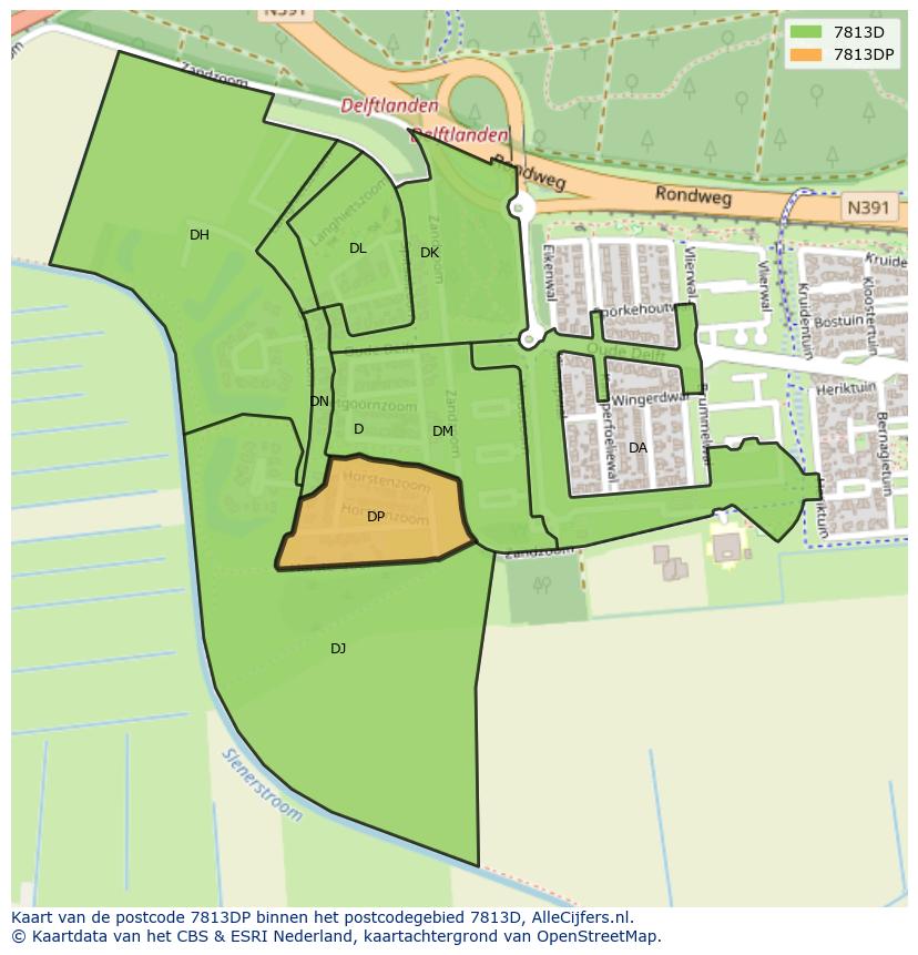 Afbeelding van het postcodegebied 7813 DP op de kaart.