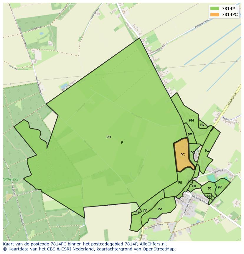Afbeelding van het postcodegebied 7814 PC op de kaart.