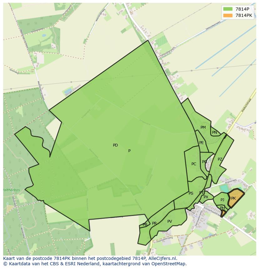 Afbeelding van het postcodegebied 7814 PK op de kaart.