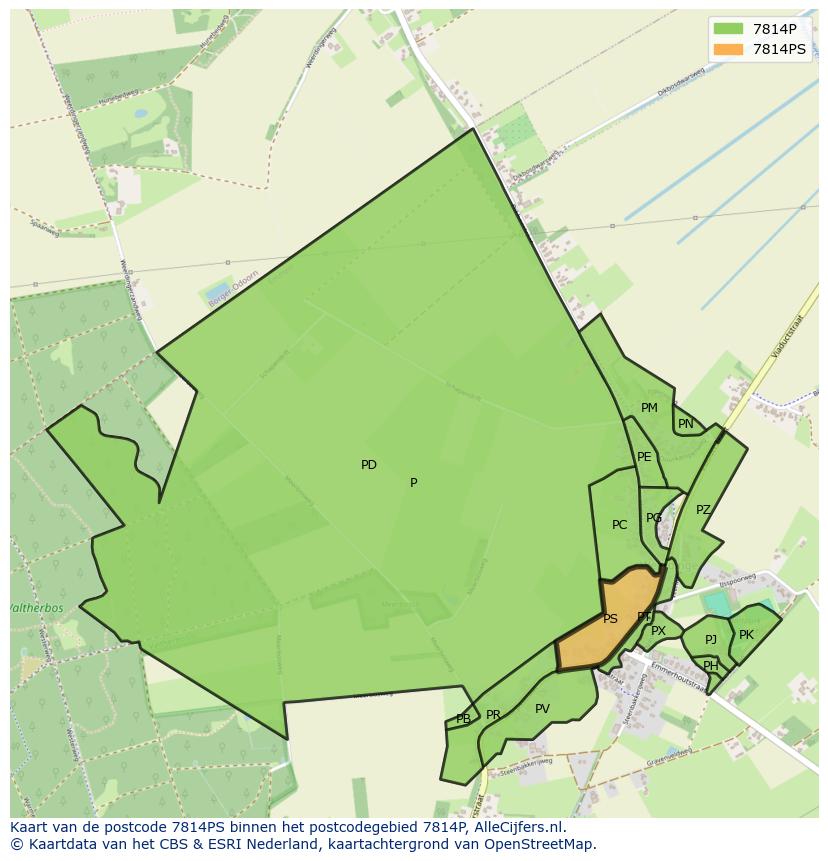 Afbeelding van het postcodegebied 7814 PS op de kaart.
