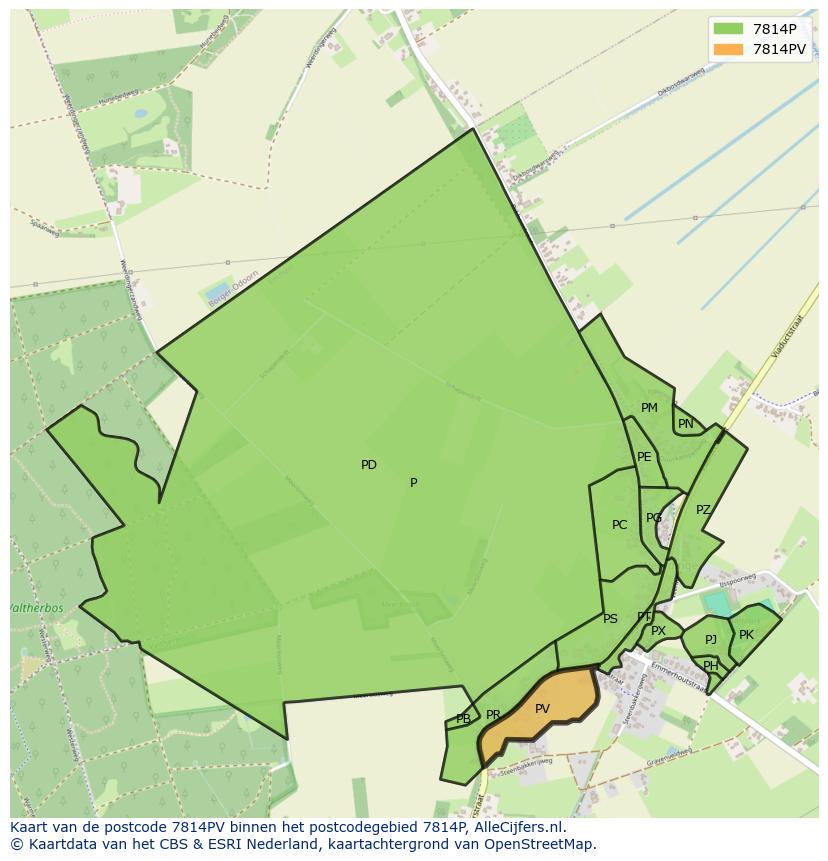 Afbeelding van het postcodegebied 7814 PV op de kaart.