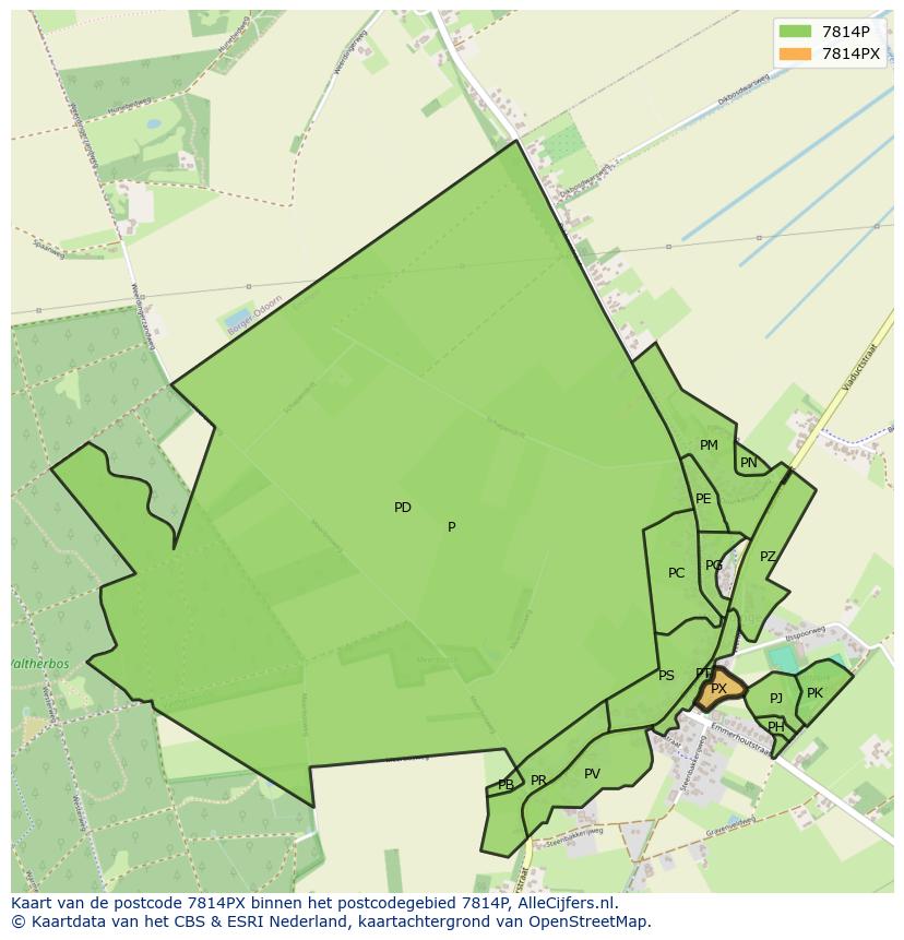 Afbeelding van het postcodegebied 7814 PX op de kaart.