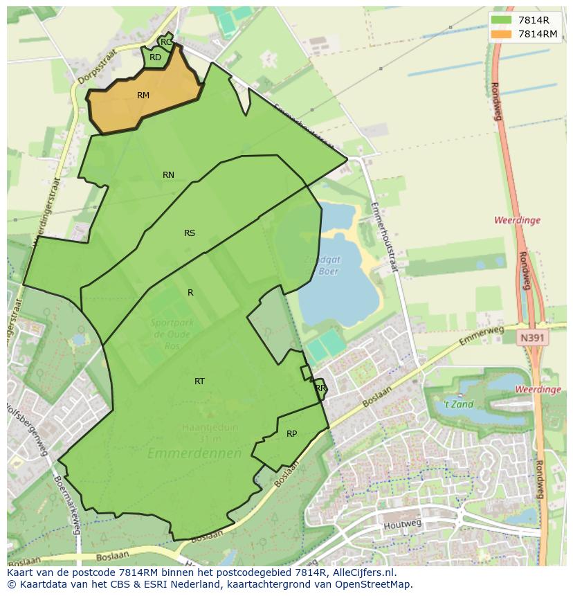 Afbeelding van het postcodegebied 7814 RM op de kaart.