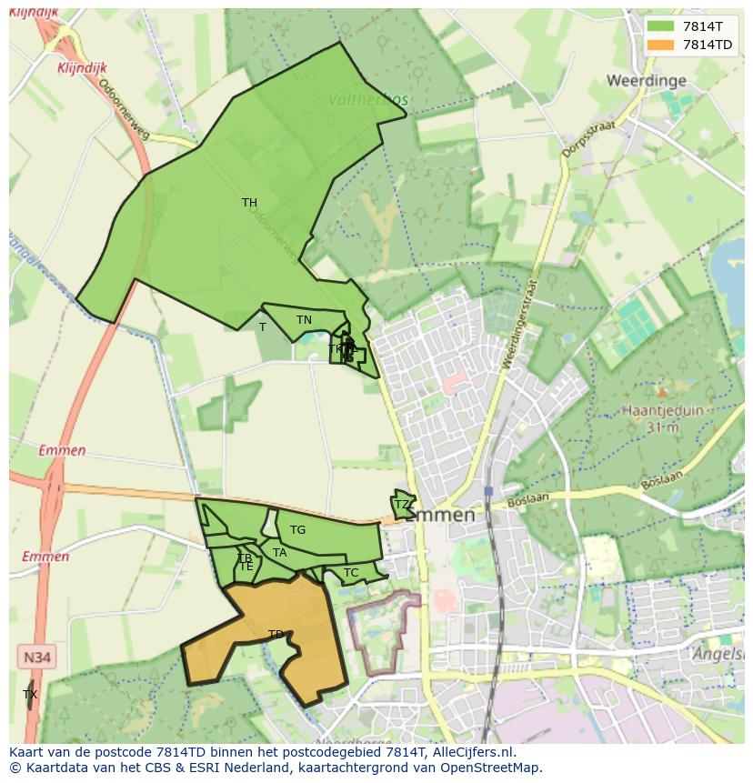 Afbeelding van het postcodegebied 7814 TD op de kaart.