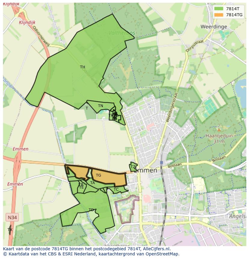 Afbeelding van het postcodegebied 7814 TG op de kaart.