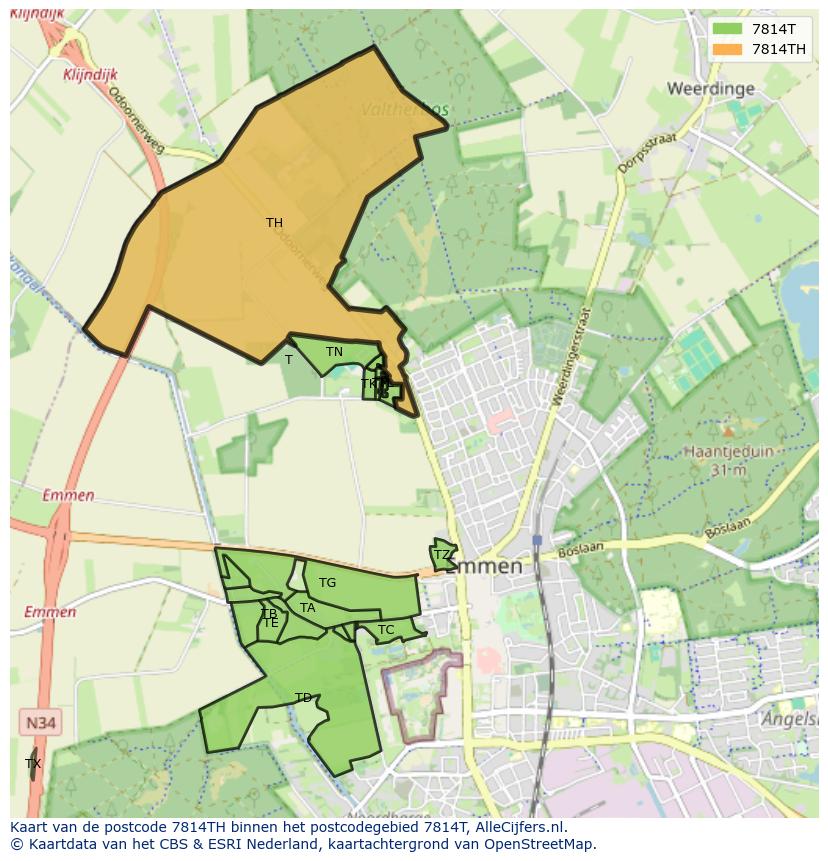 Afbeelding van het postcodegebied 7814 TH op de kaart.