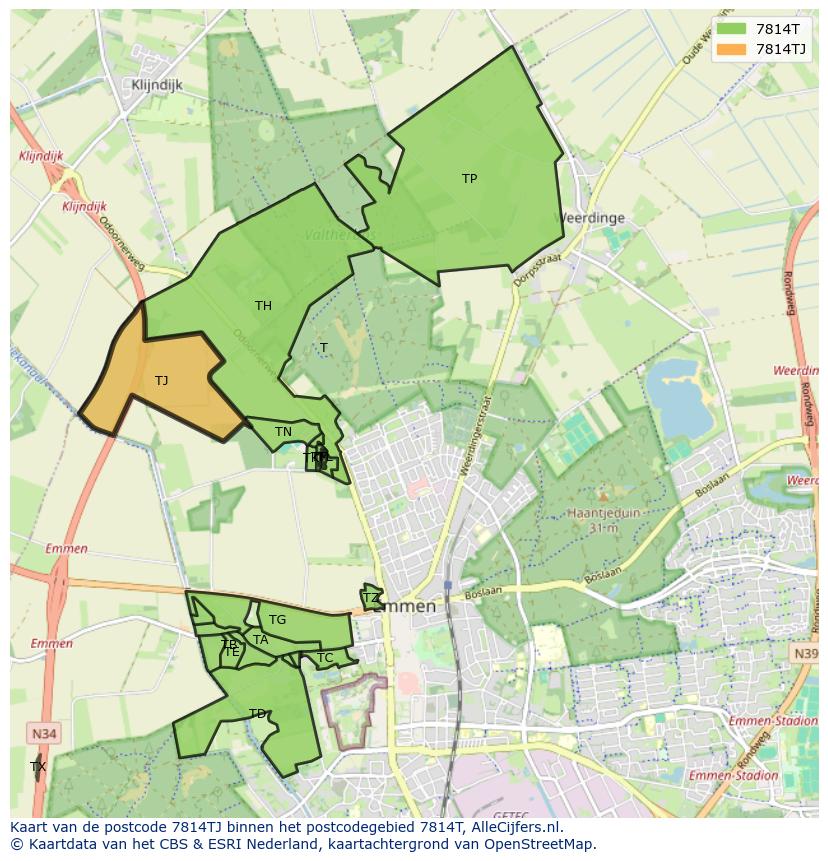 Afbeelding van het postcodegebied 7814 TJ op de kaart.