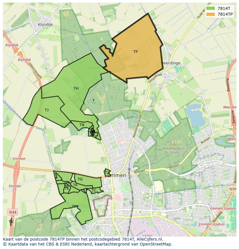 Afbeelding van het postcodegebied 7814 TP op de kaart.