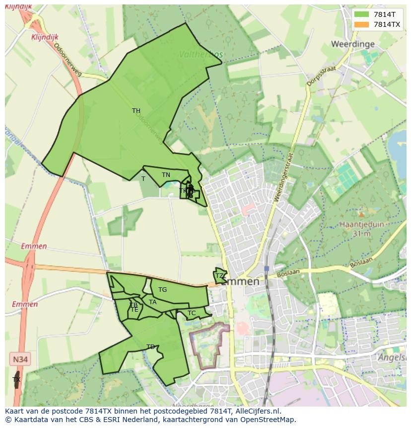 Afbeelding van het postcodegebied 7814 TX op de kaart.