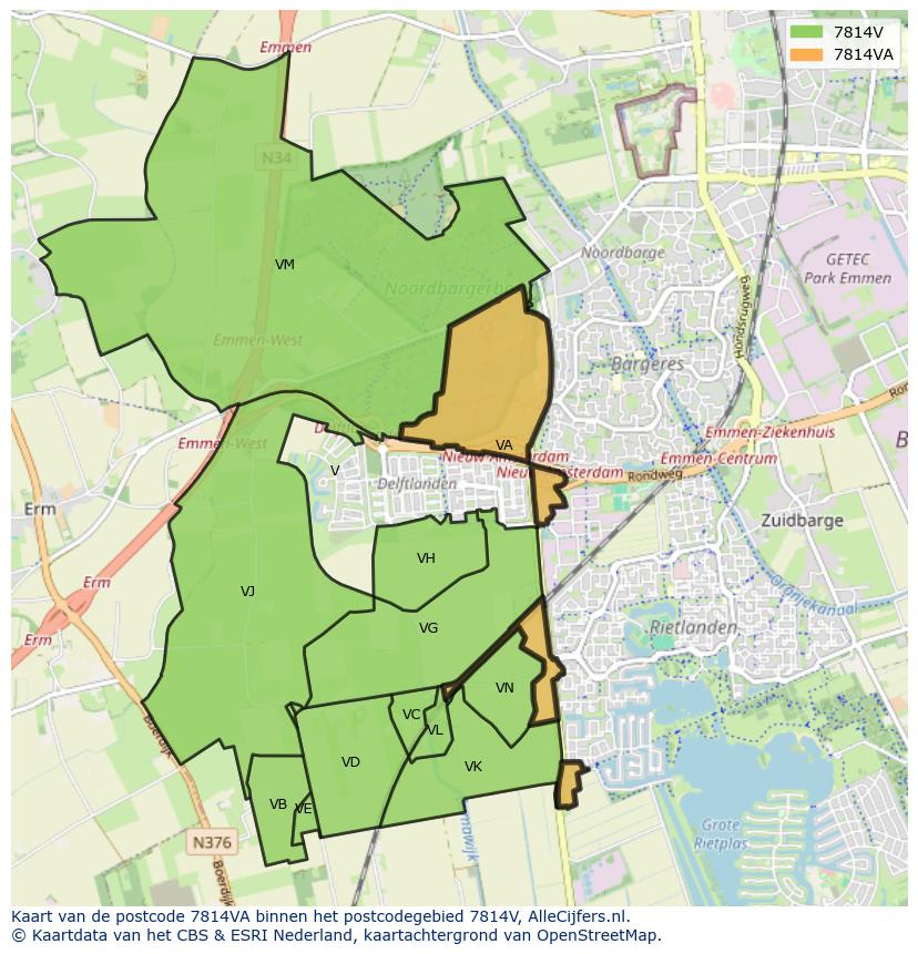 Afbeelding van het postcodegebied 7814 VA op de kaart.