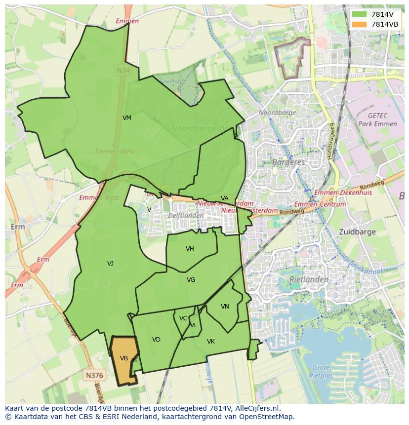 Afbeelding van het postcodegebied 7814 VB op de kaart.
