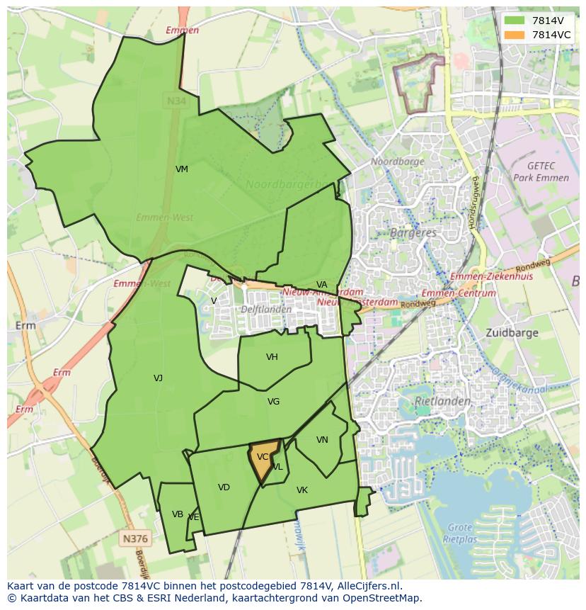 Afbeelding van het postcodegebied 7814 VC op de kaart.