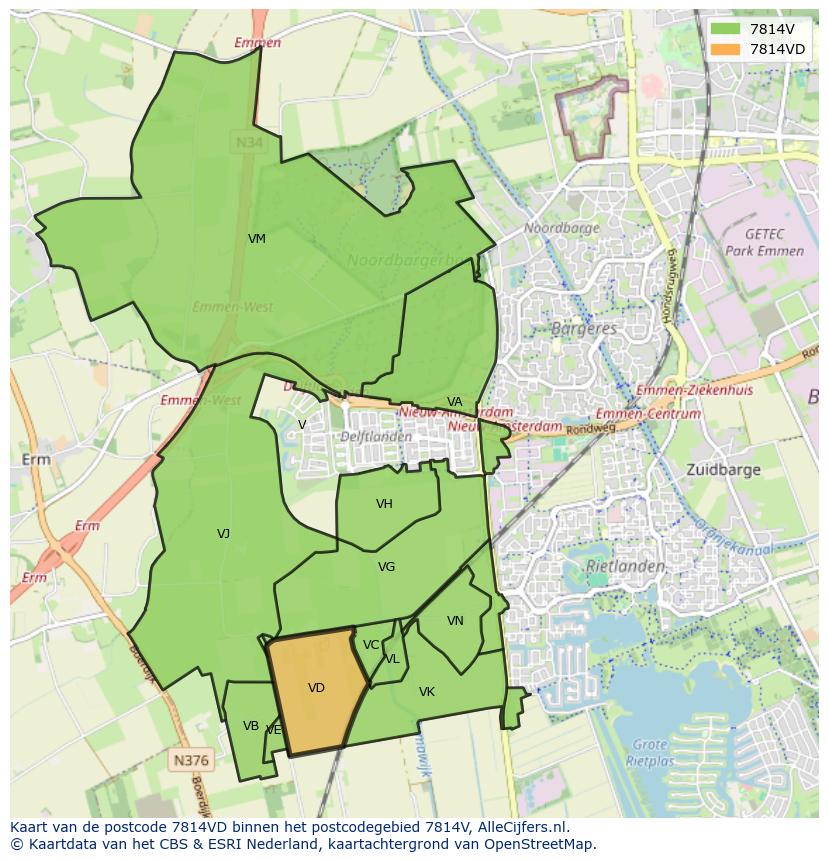 Afbeelding van het postcodegebied 7814 VD op de kaart.