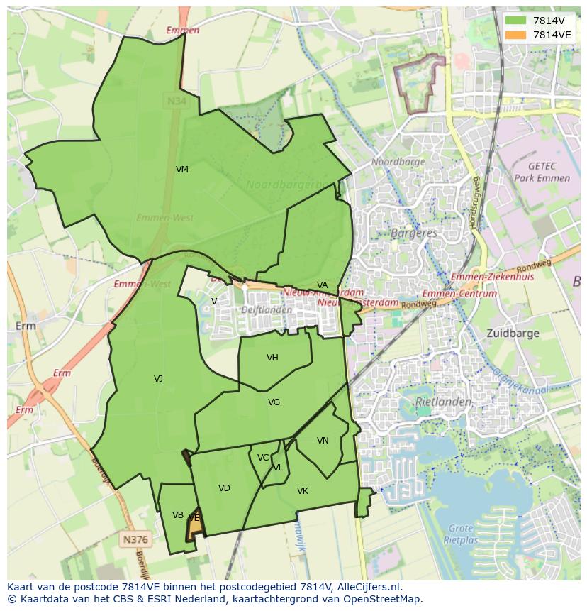 Afbeelding van het postcodegebied 7814 VE op de kaart.
