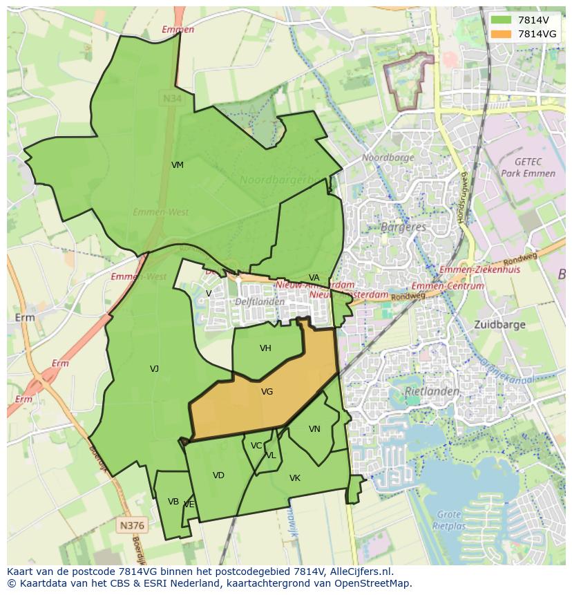 Afbeelding van het postcodegebied 7814 VG op de kaart.