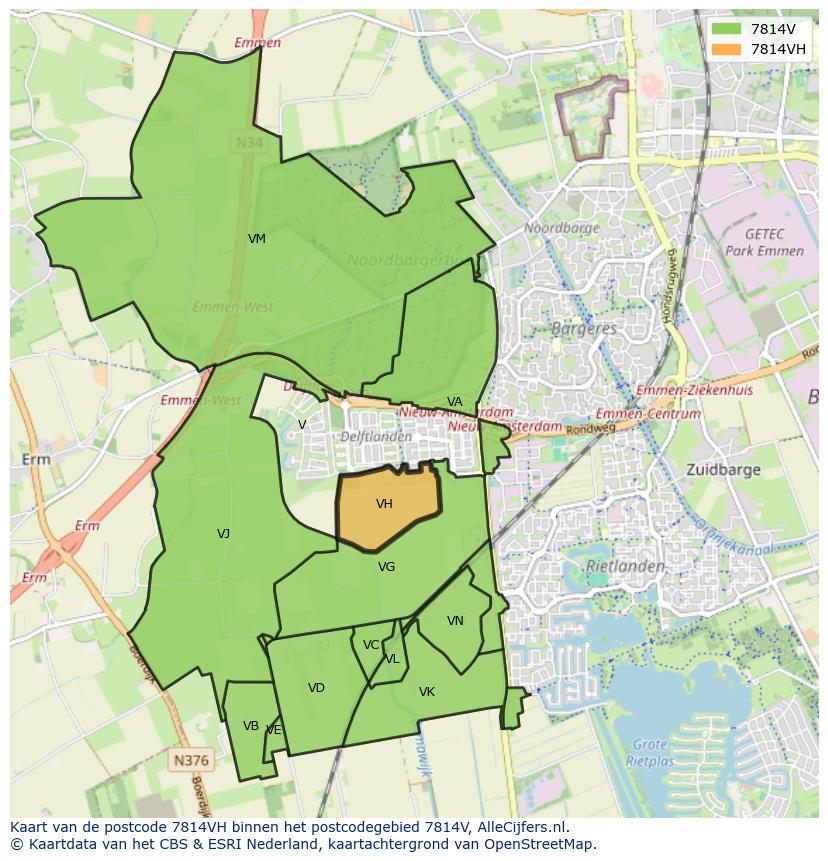 Afbeelding van het postcodegebied 7814 VH op de kaart.