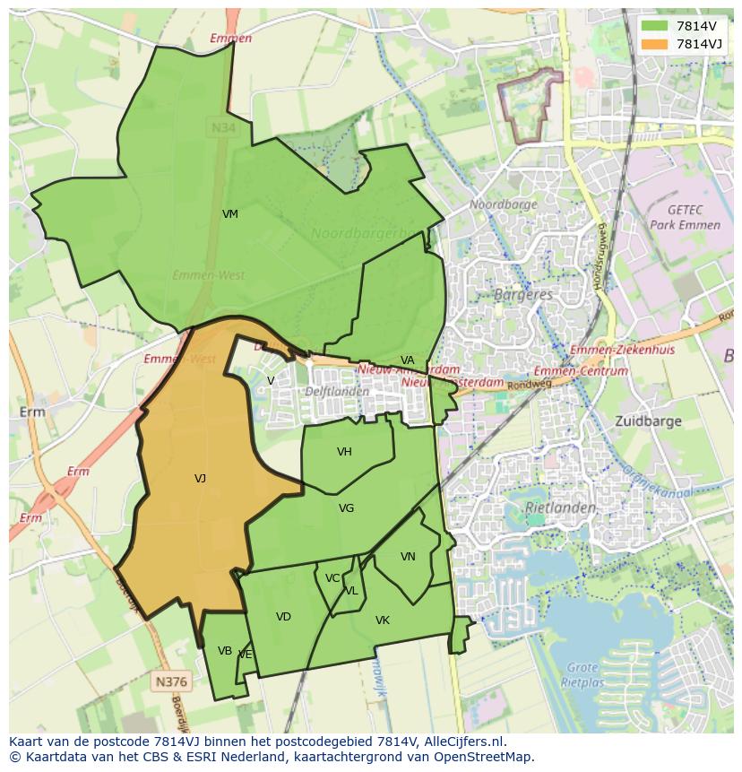 Afbeelding van het postcodegebied 7814 VJ op de kaart.