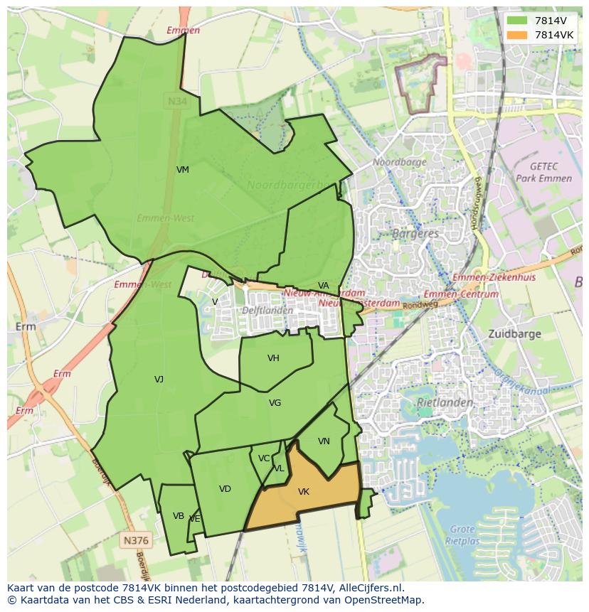 Afbeelding van het postcodegebied 7814 VK op de kaart.