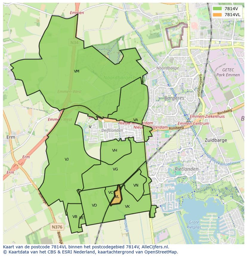 Afbeelding van het postcodegebied 7814 VL op de kaart.