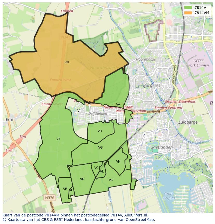 Afbeelding van het postcodegebied 7814 VM op de kaart.