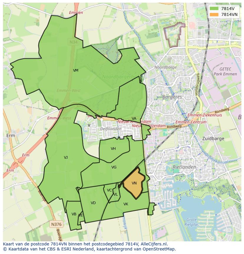 Afbeelding van het postcodegebied 7814 VN op de kaart.
